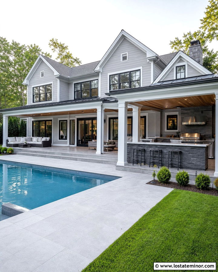 Light Grey House With Poolside Outdoor Kitchen - 30 Light Grey House Design With Swimming Pool Ideas