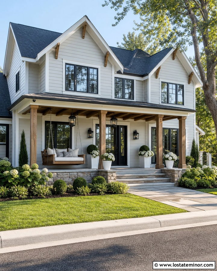 Light Grey House With Porch Bed Swing - 30 Light Grey House Design With Swing Ideas