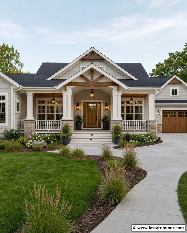 Light Grey House With Porch Ceiling Beams - 30 Light Grey House Design With Porch Ceiling Ideas