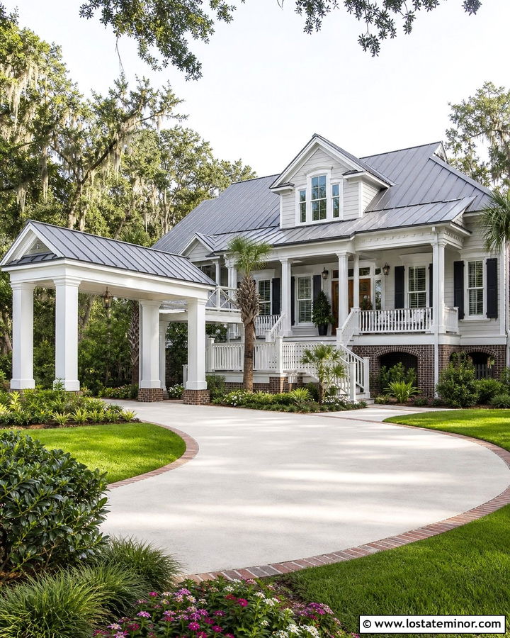 Light Grey House With Porte Cochere Driveway - 30 Light Grey House Design With Driveway Ideas