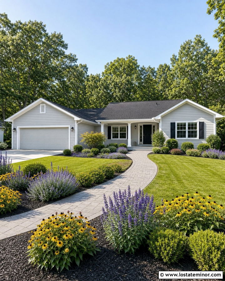 Light Grey House With Purple And Yellow Flower Beds - 30 Light Grey House Design With Landscaping Ideas