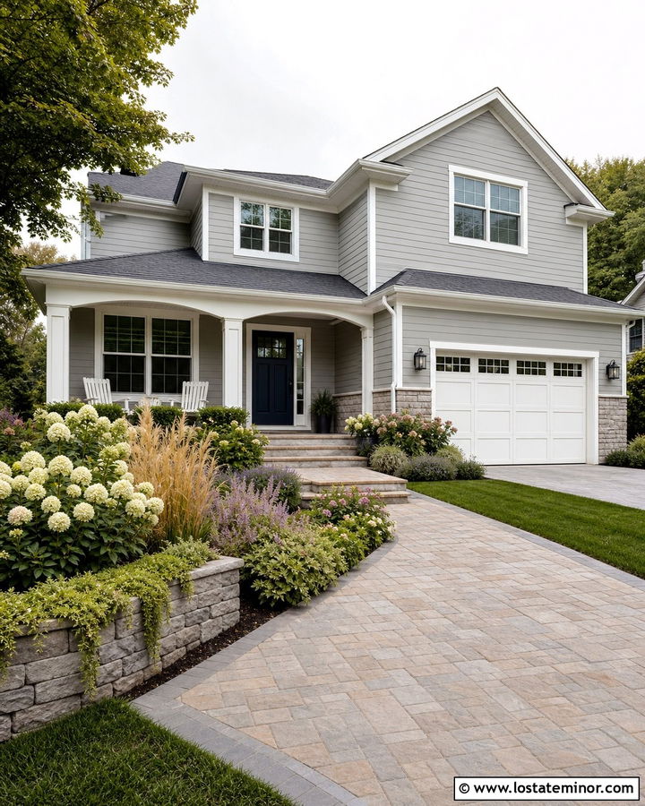 Light Grey House With Raised Stone Flower Beds - 30 Light Grey House Design With Front Yard Ideas