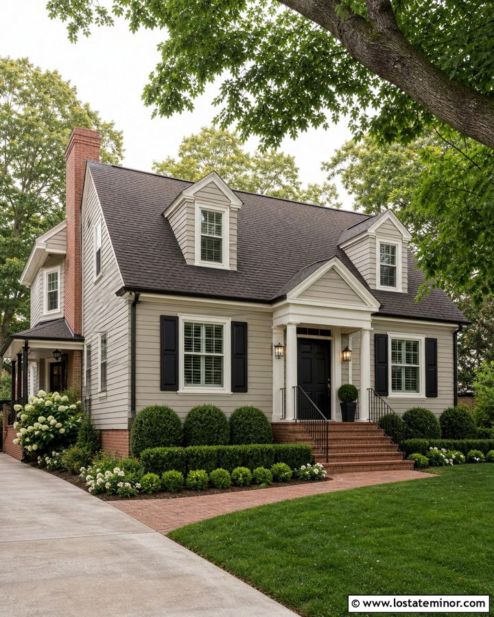 Light Grey House With Red Brick And Black Railings - 30 Light Grey House Design With Railings Ideas