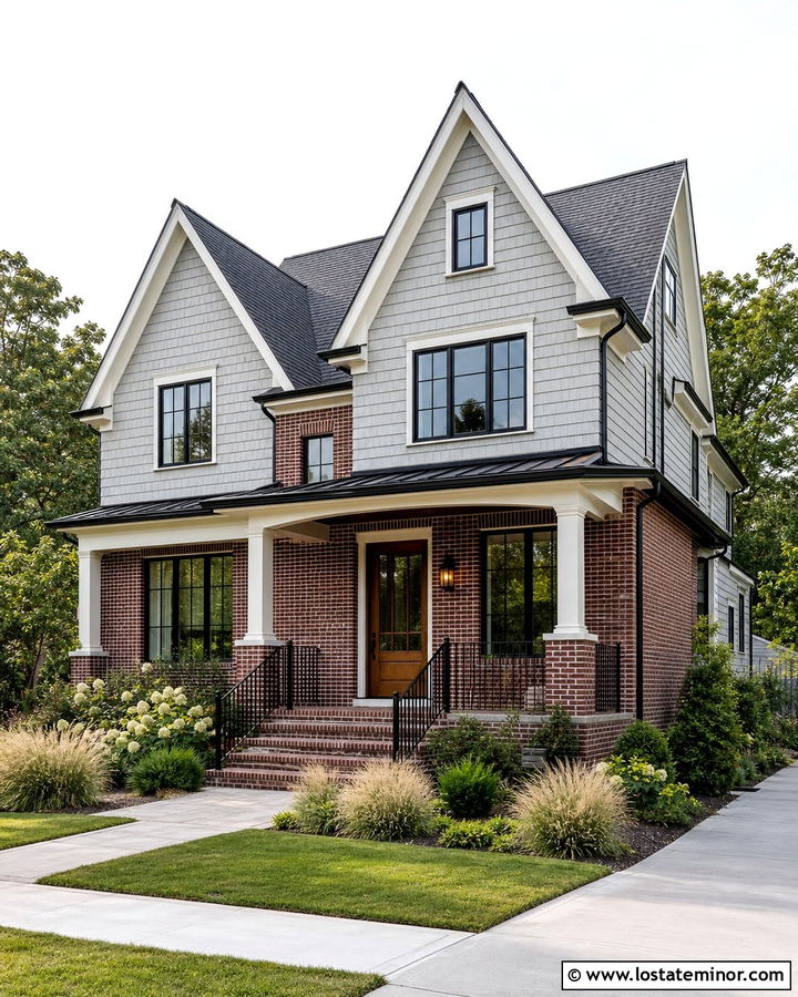 Light Grey House With Red Brick And Black Windows - 30 Light Grey House Design With Brick Accents Ideas