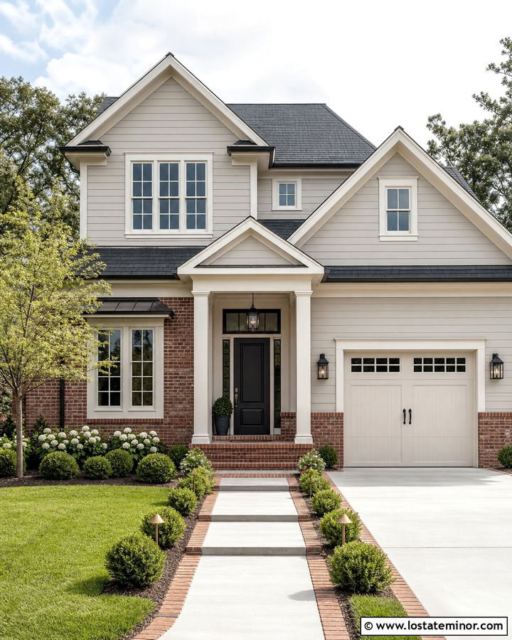Light Grey House With Red Brick And Lanterns - 30 Light Grey House Design With Lighting Ideas