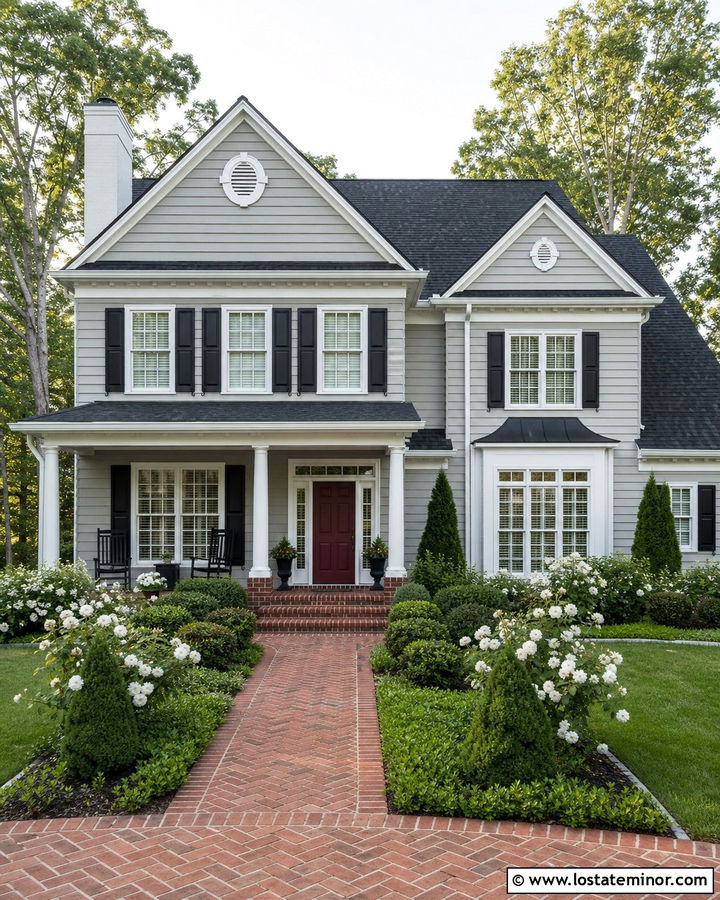 Light Grey House With Red Brick Walkway - 30 Light Grey House Design With Front Yard Ideas