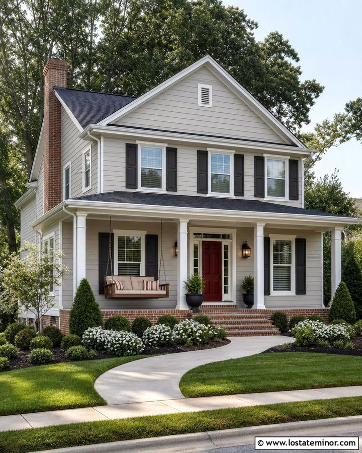 Light Grey House With Red Door And Wood Swing - 30 Light Grey House Design With Swing Ideas