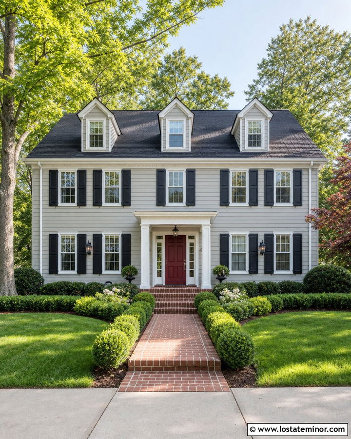 Light Grey House With Red Front Door And Dormers - 30 Light Grey House Design With Dormers Ideas