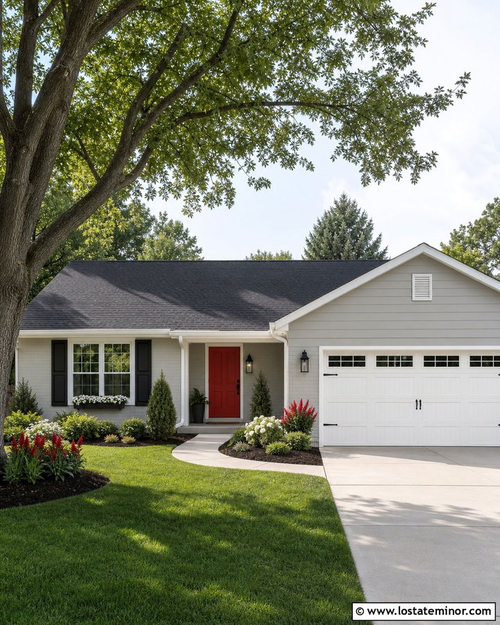 Light Grey House With Red Front Door And Flower Beds - 30 Light Grey House Design With Landscaping Ideas