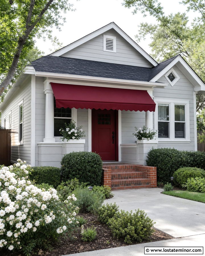 Light Grey House With Red Front Porch Awning - 30 Light Grey House Design With Awning Ideas