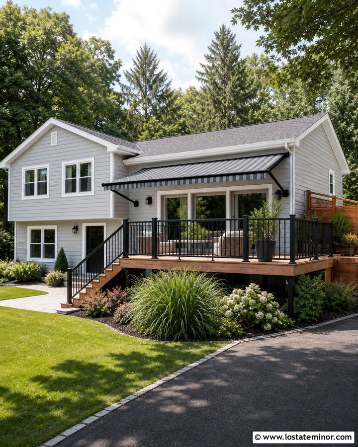 Light Grey House With Retractable Deck Awning - 30 Light Grey House Design With Awning Ideas