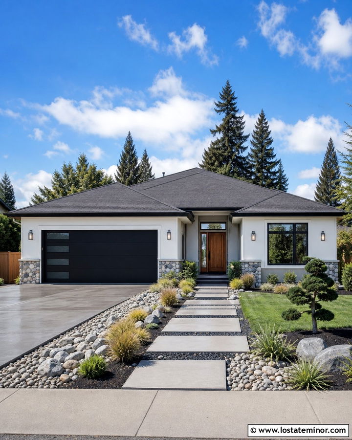 Light Grey House With River Rock Landscaping - 30 Light Grey House Design With Landscaping Ideas