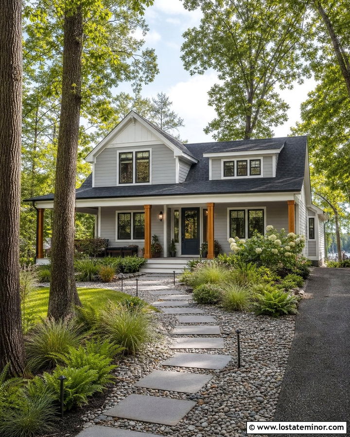Light Grey House With River Rock Walkway - 30 Light Grey House Design With Walkway Ideas