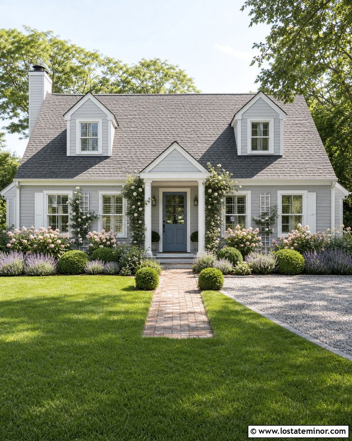 Light Grey House With Rose Garden Landscaping - 30 Light Grey House Design With Landscaping Ideas
