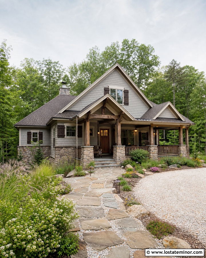 Light Grey House With Rustic Stone Walkway - 30 Light Grey House Design With Walkway Ideas
