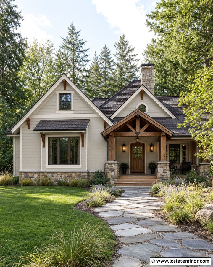 Light Grey House With Rustic Wood Lanterns - 30 Light Grey House Design With Light Fixtures Ideas
