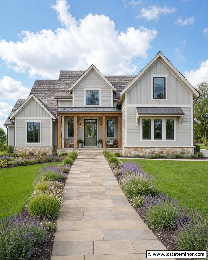 Light Grey House With Sage Green Front Door - 30 Light Grey House Design With Entry Door Ideas