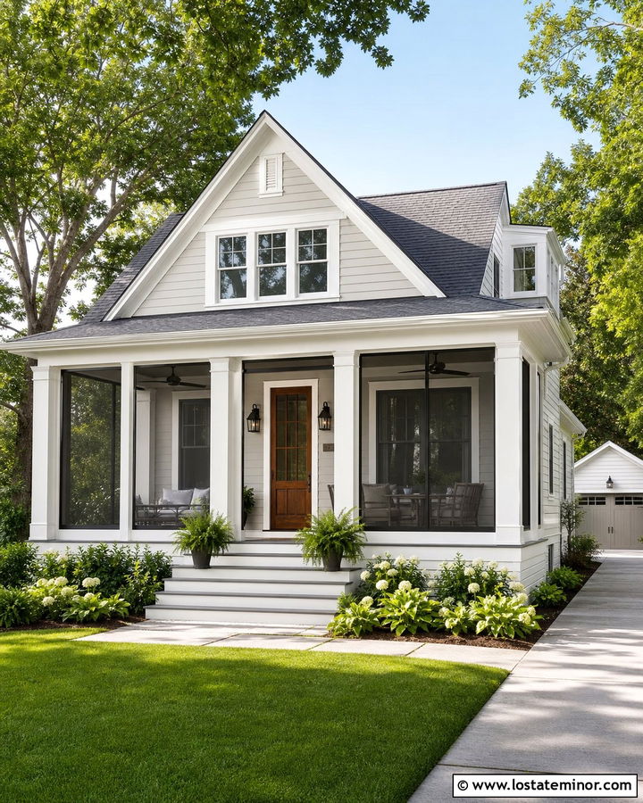 Light Grey House With Screened Porch Columns - 30 Light Grey House Design With Porch Columns Ideas