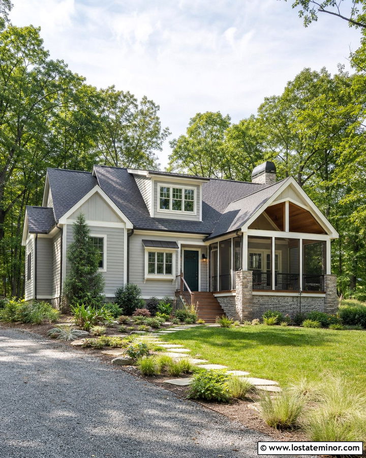 Light Grey House With Screened Porch Wood Ceiling - 30 Light Grey House Design With Porch Ceiling Ideas