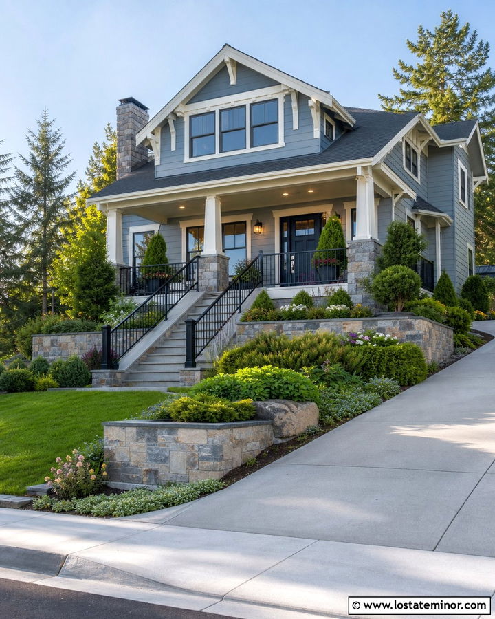 Light Grey House With Sloped Front Yard Landscaping - 30 Light Grey House Design With Landscaping Ideas