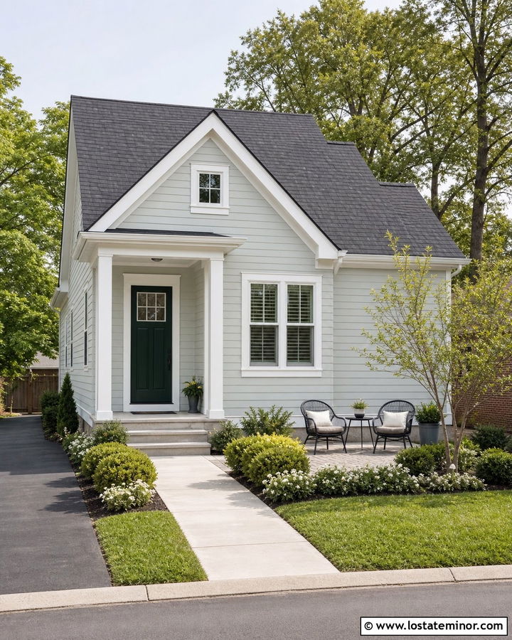 Light Grey House With Small Front Yard Patio - 30 Light Grey House Design With Front Yard Ideas