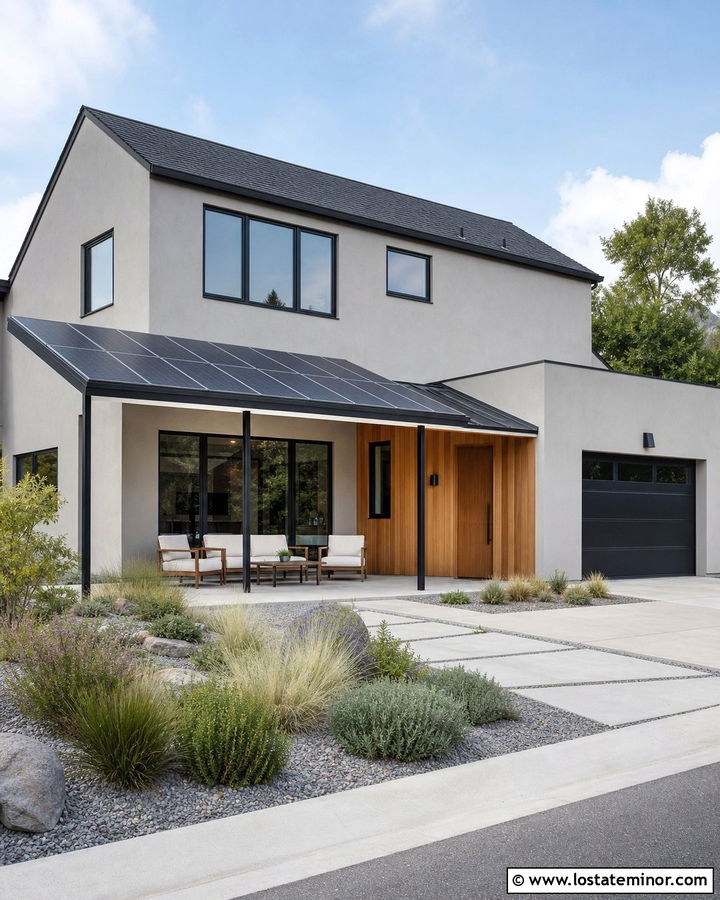 Light Grey House With Solar Panel Awning - 30 Light Grey House Design With Awning Ideas