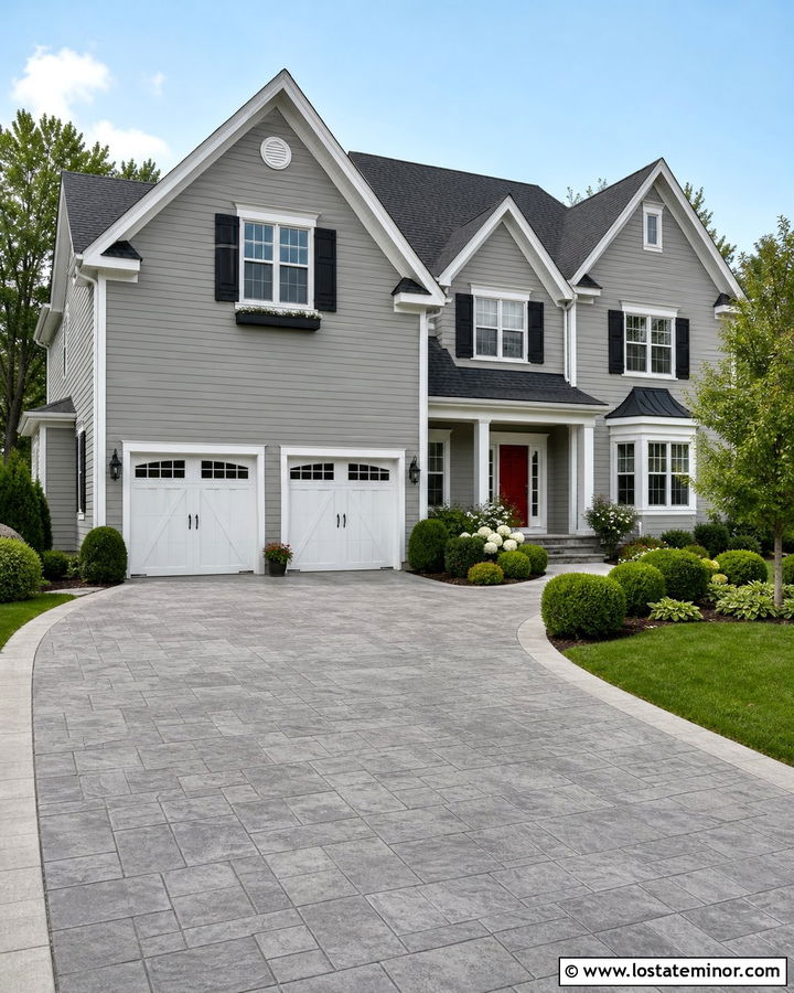 Light Grey House With Stamped Concrete Driveway - 30 Light Grey House Design With Driveway Ideas