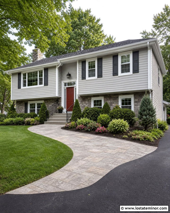 Light Grey House With Stamped Concrete Walkway - 30 Light Grey House Design With Walkway Ideas