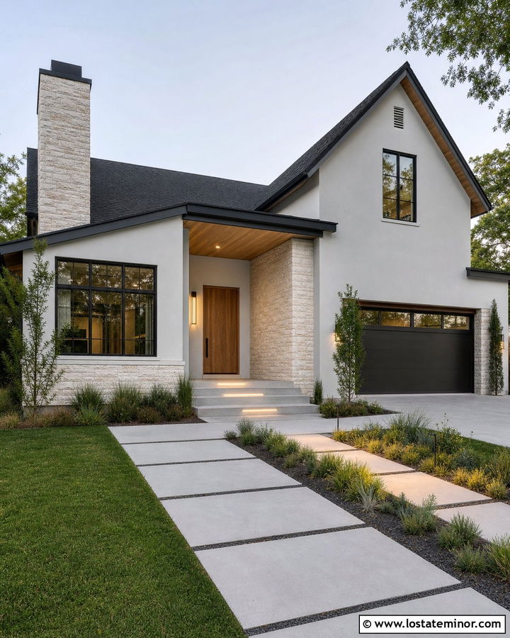Light Grey House With Step Lights - 30 Light Grey House Design With Lighting Ideas