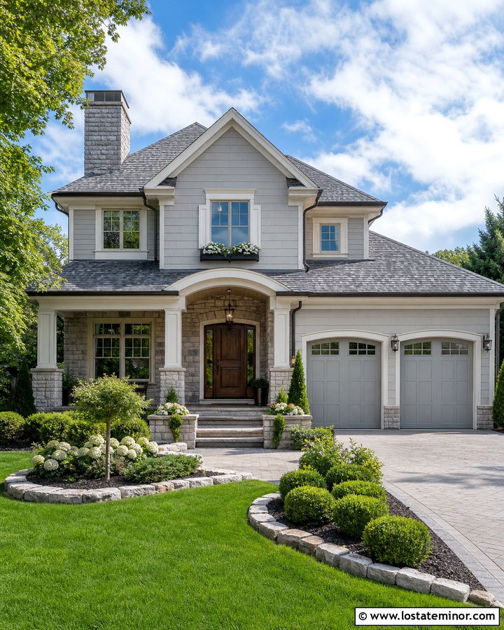 Light Grey House With Stone And Grey Shingles - 30 Light Grey House Design With Shingles Ideas