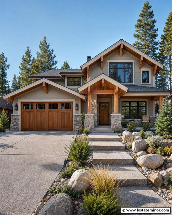 Light Grey House With Stone And Wood Garage Door - 30 Light Grey House Design With Garage Door Ideas