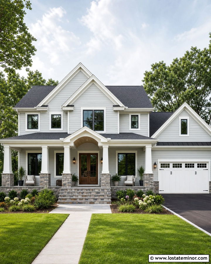 Light Grey House With Stone Base Porch Columns - 30 Light Grey House Design With Porch Columns Ideas