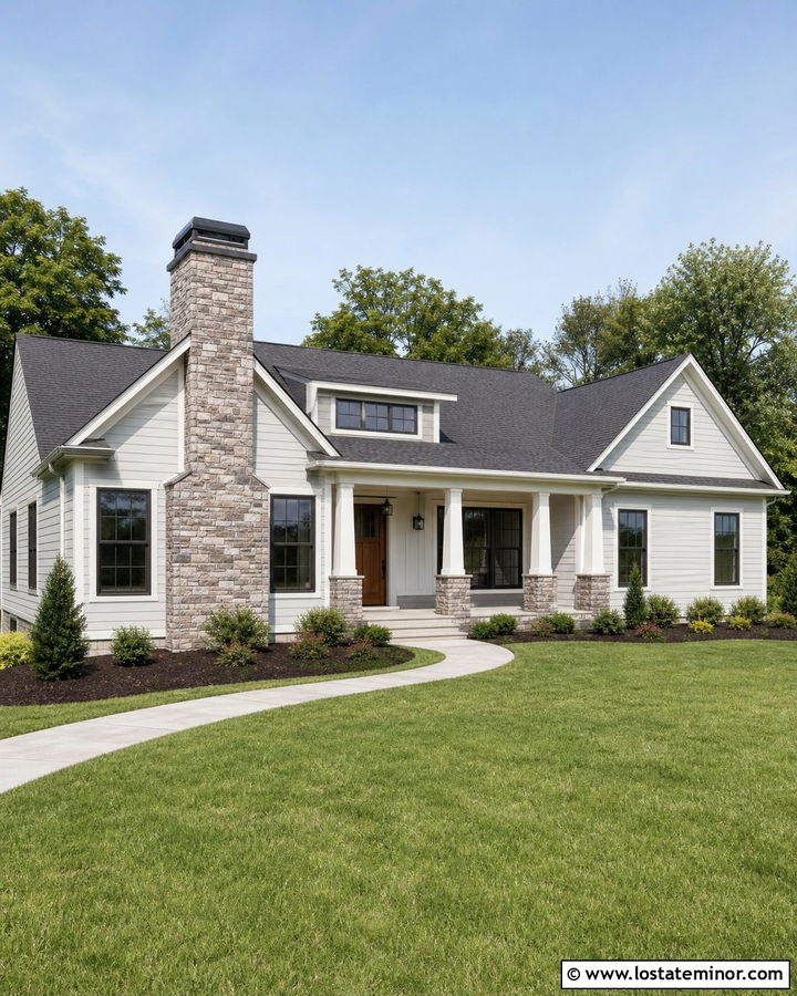 Light Grey House With Stone Chimney - 30 Light Grey House Design With Stone Accents Ideas