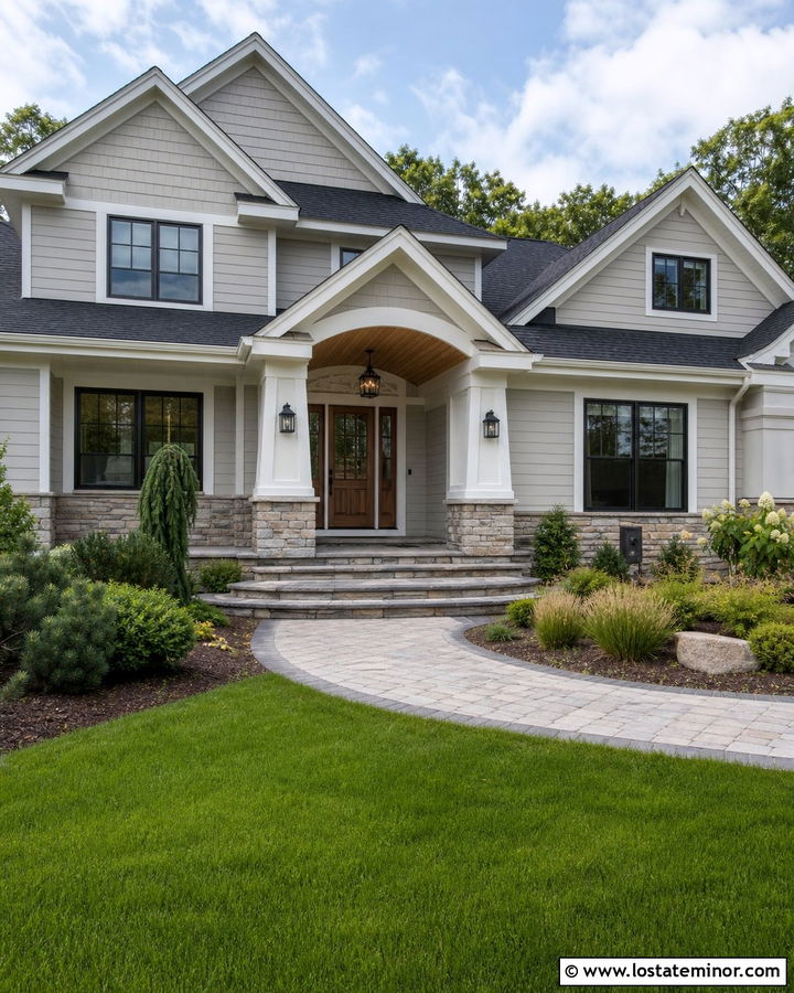 Light Grey House With Stone Column Portico - 30 Light Grey House Design With Portico Ideas