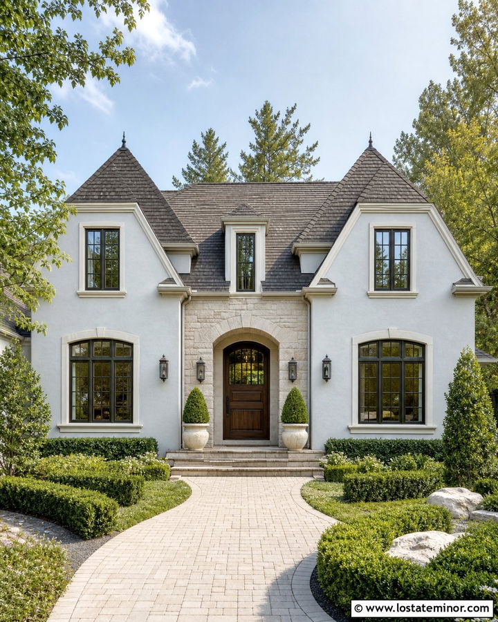 Light Grey House With Stone Entry Arch - 30 Light Grey House Design With Stone Accents Ideas