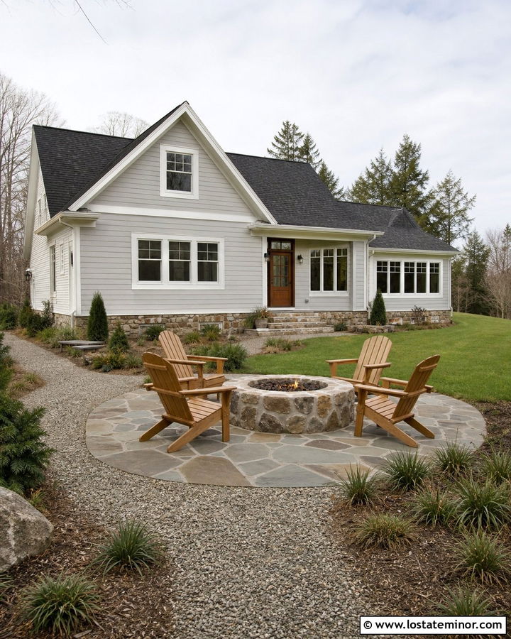 Light Grey House With Stone Fire Pit - 30 Light Grey House Design With Backyard Ideas