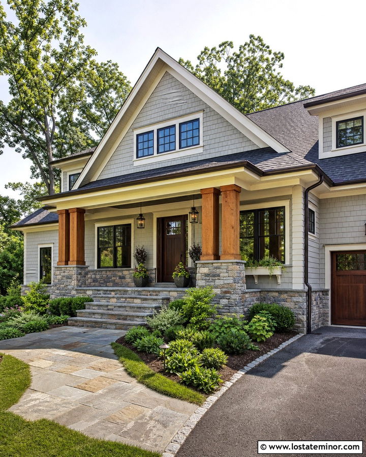 Light Grey House With Stone Front Porch Foundation - 30 Light Grey House Design With Front Porch Ideas