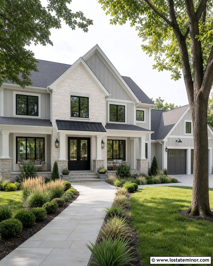 Light Grey House With Stone Gable - 30 Light Grey House Design With Gables Ideas