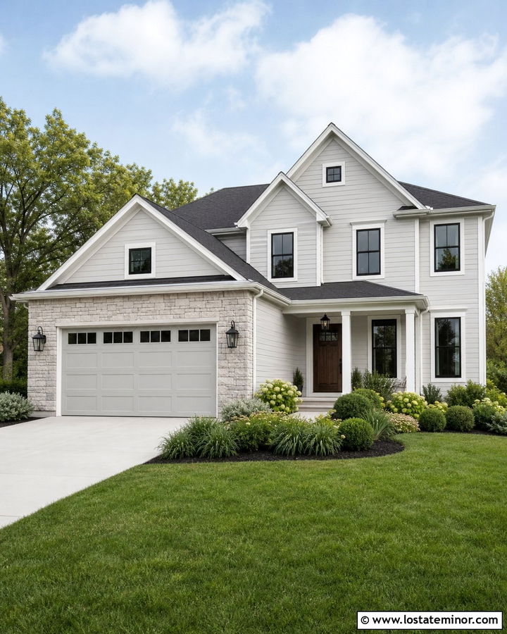 Light Grey House With Stone Garage - 30 Light Grey House Design With Stone Accents Ideas