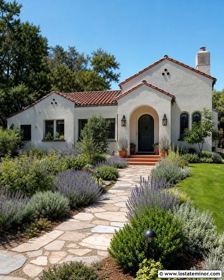 Light Grey House With Stone Path And Lavender - 30 Light Grey House Design With Front Yard Ideas