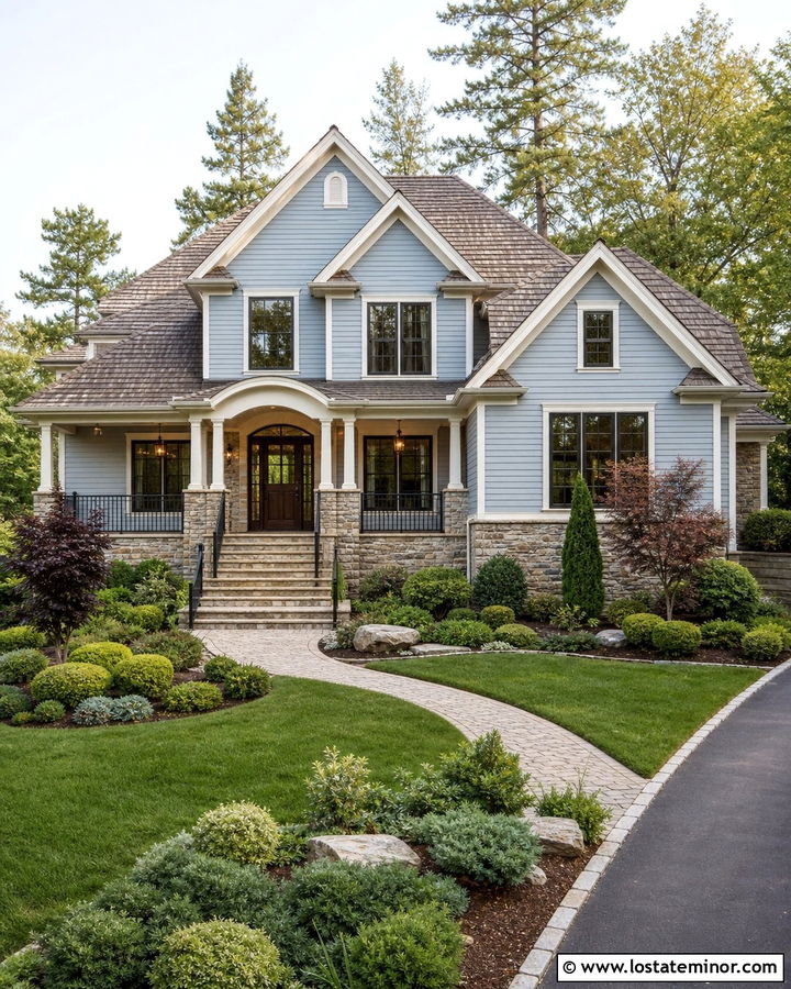 Light Grey House With Stone Porch And Bronze Railings - 30 Light Grey House Design With Railings Ideas