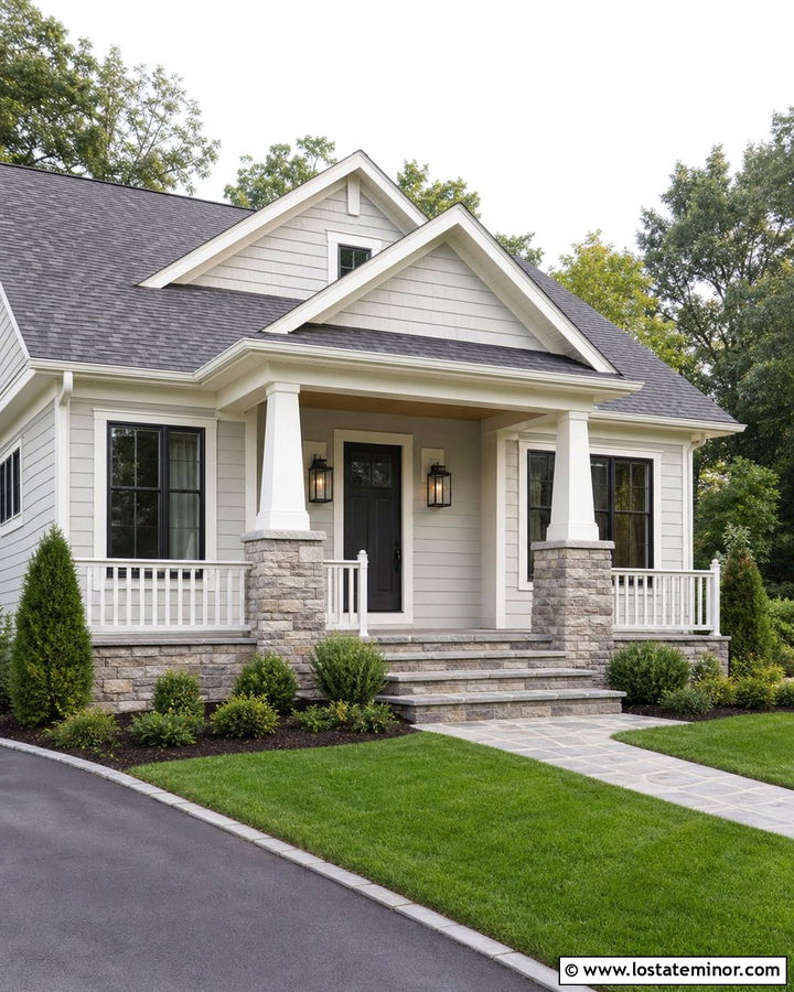 Light Grey House With Stone Porch Columns - 30 Light Grey House Design With Stone Accents Ideas
