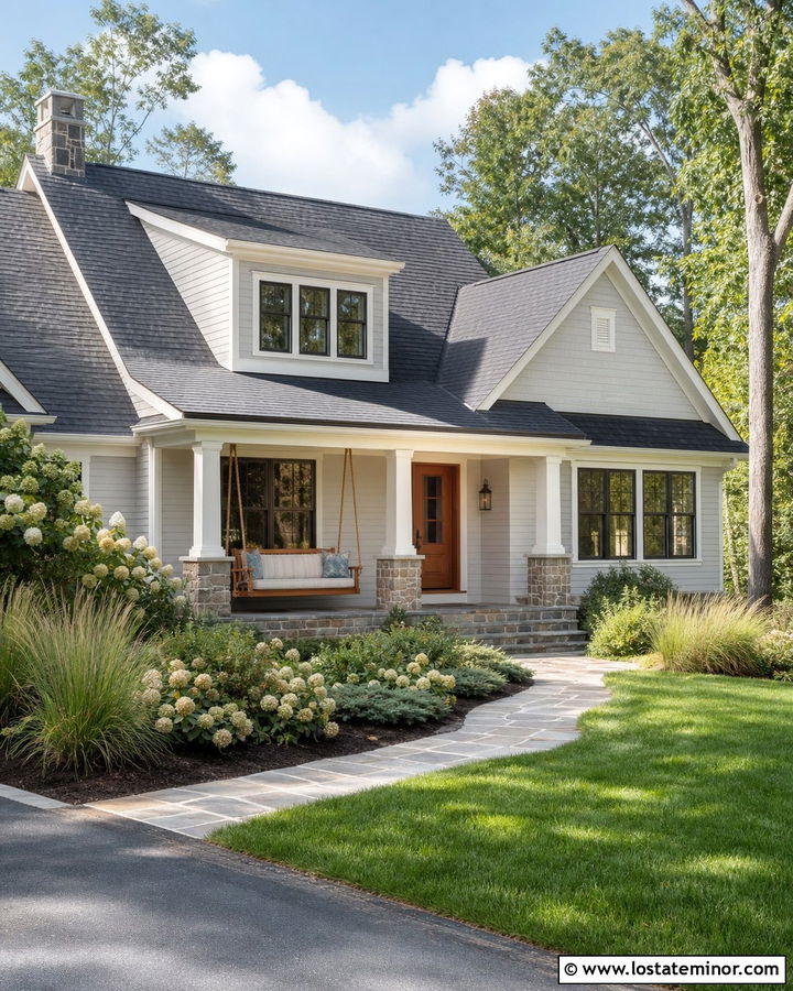Light Grey House With Stone Porch Swing - 30 Light Grey House Design With Swing Ideas