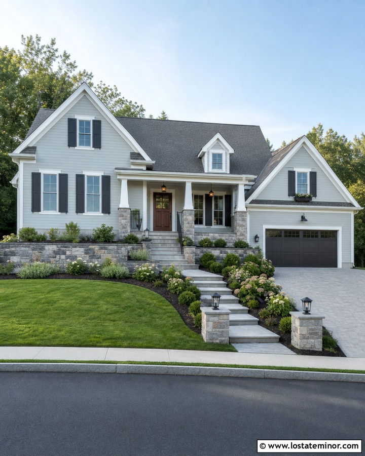 Light Grey House With Stone Retaining Wall - 30 Light Grey House Design With Stone Accents Ideas
