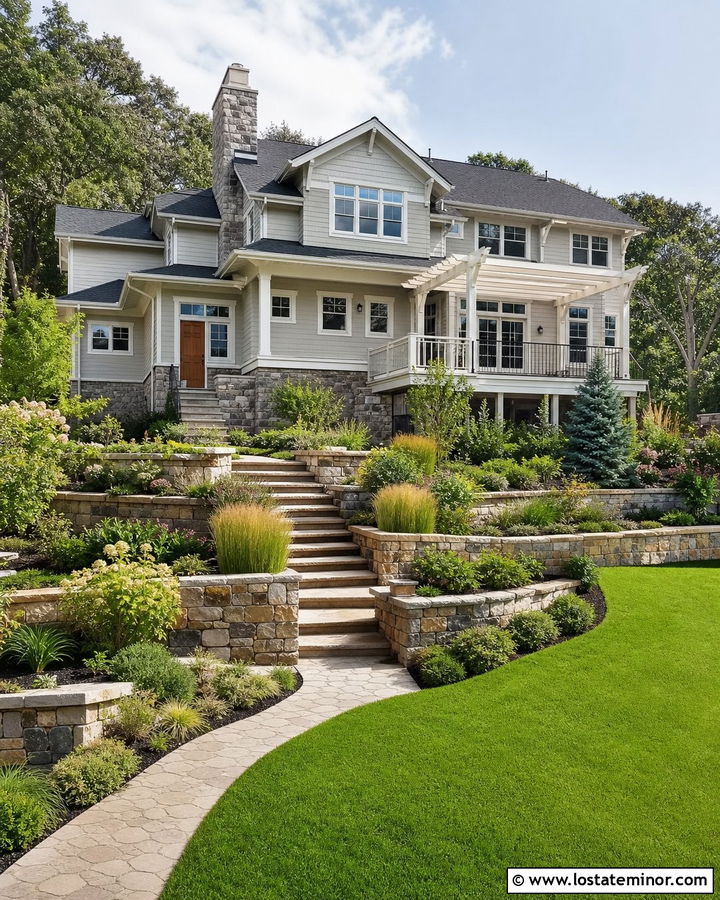 Light Grey House With Stone Retaining Wall - 30 Light Grey House Design With Backyard Ideas