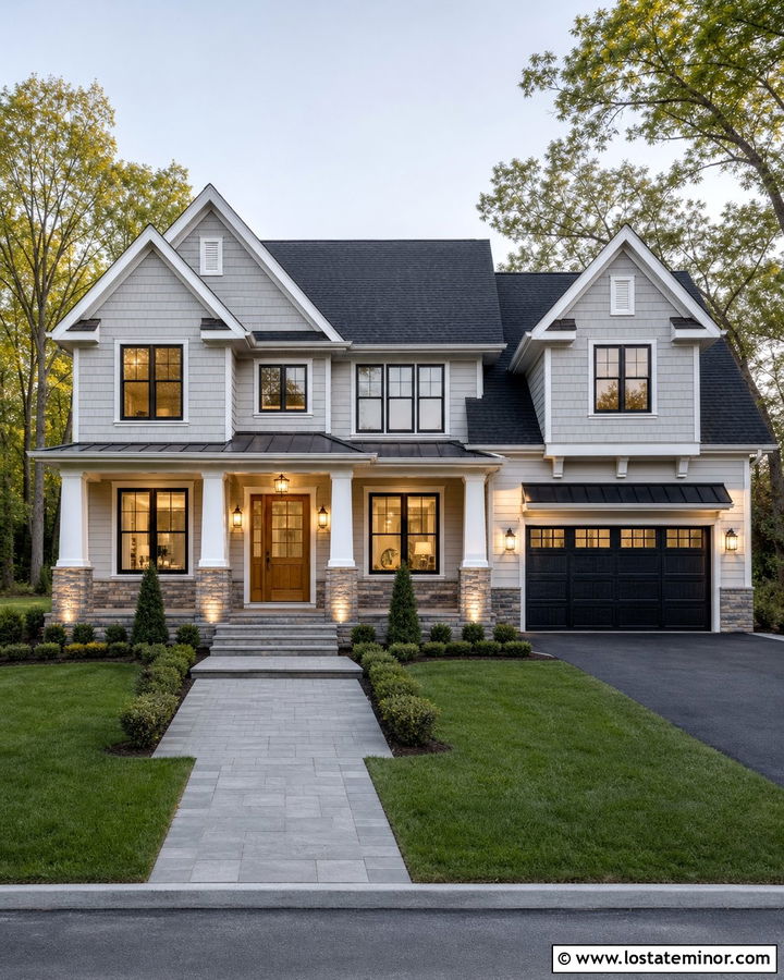 Light Grey House With Stone Uplighting - 30 Light Grey House Design With Lighting Ideas
