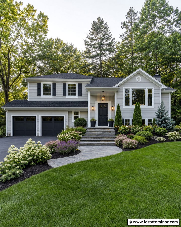 Light Grey House With Stone Walkway And Layered Shrubs - 30 Light Grey House Design With Landscaping Ideas
