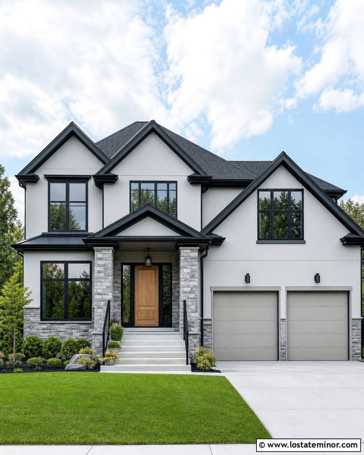 Light Grey House With Stone and Black Trim - 30 Light Grey House Design With Stone Accents Ideas