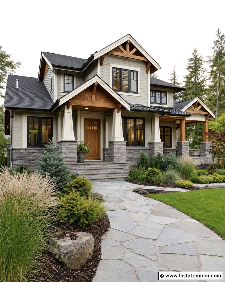 Light Grey House With Stone and Cedar - 30 Light Grey House Design With Stone Accents Ideas