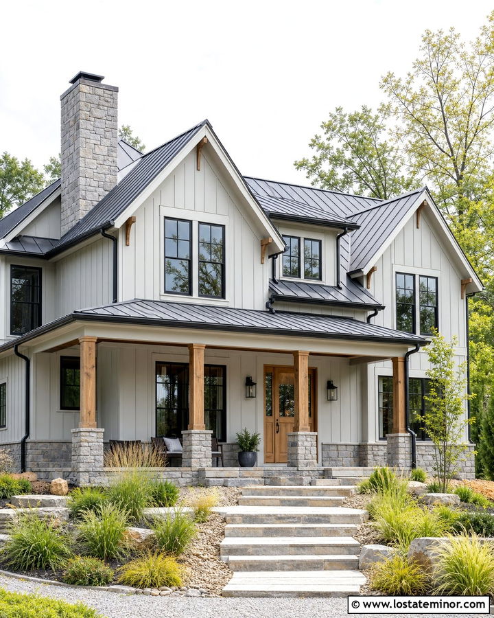 Light Grey House With Stone and Metal Roof - 30 Light Grey House Design With Stone Accents Ideas